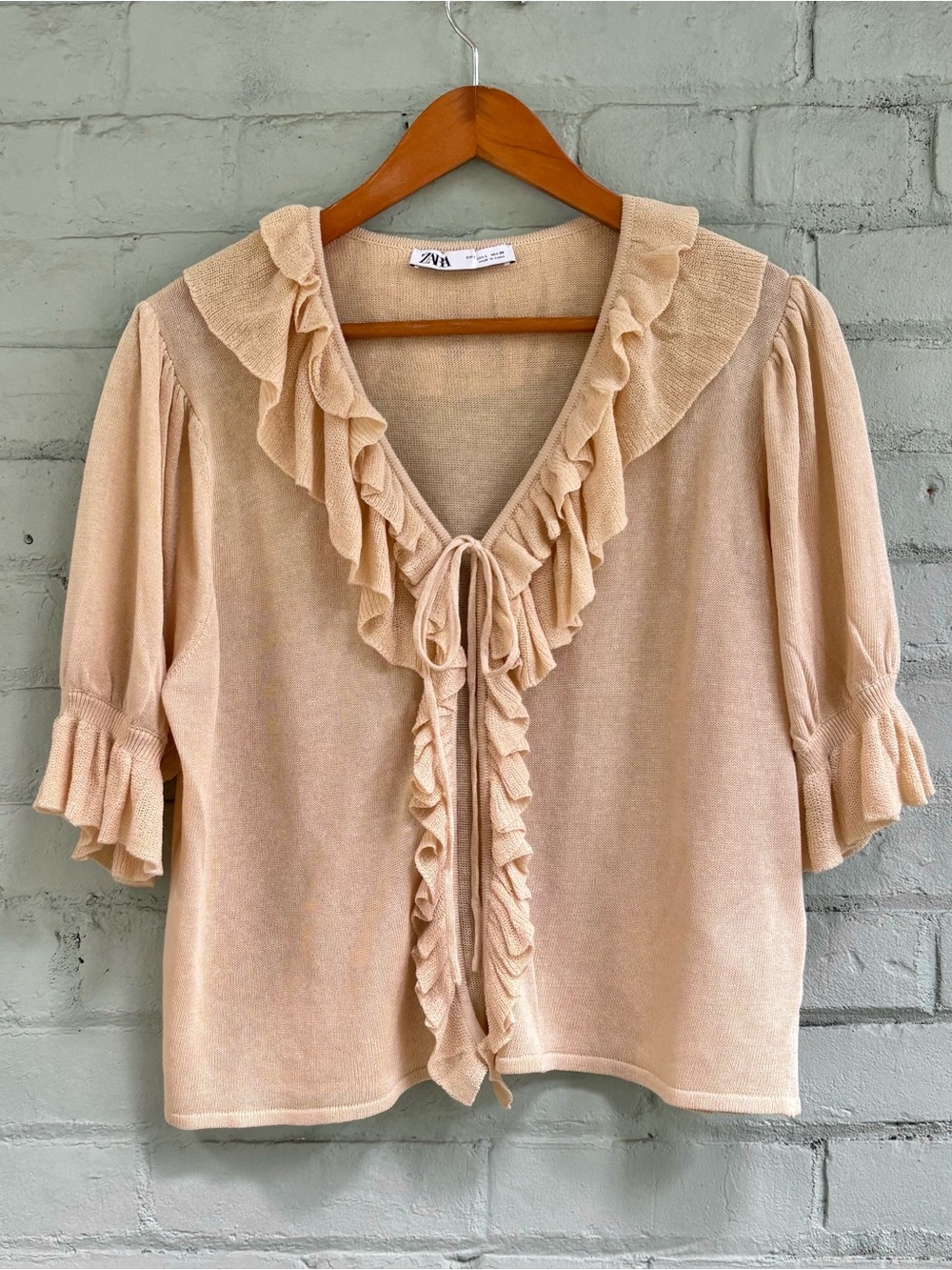 Cream Ruffle Cardigan with Tie Front